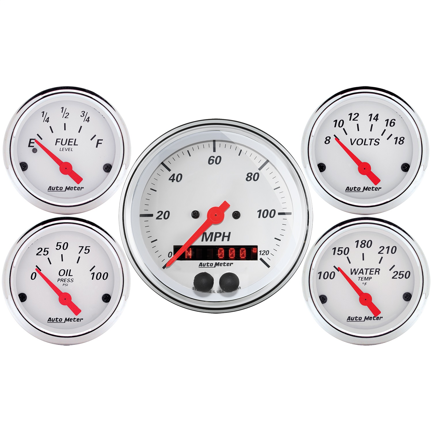 Auto Meter Auto Meter 1350 Arctic White; 5 Gauge Set; Fuel/Oil/Speedo/Volt/Water