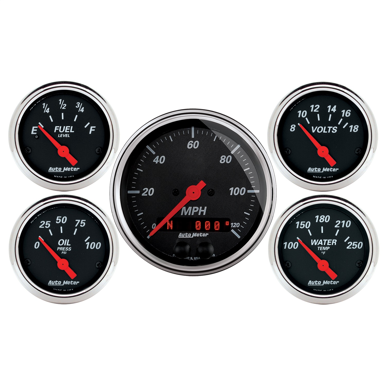 Auto Meter Auto Meter 1450 Designer Black; 5 Gauge Set; Fuel/Oil/Speedo/Volt/Water