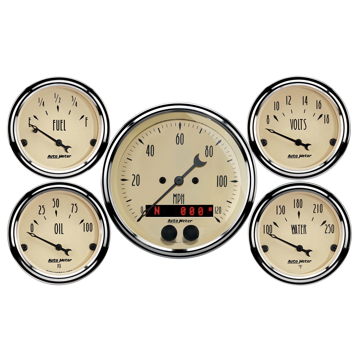 Auto Meter Auto Meter 1850 Antique Beige; 5 Gauge Set; Fuel/Oil/Speedo/Volt/Water